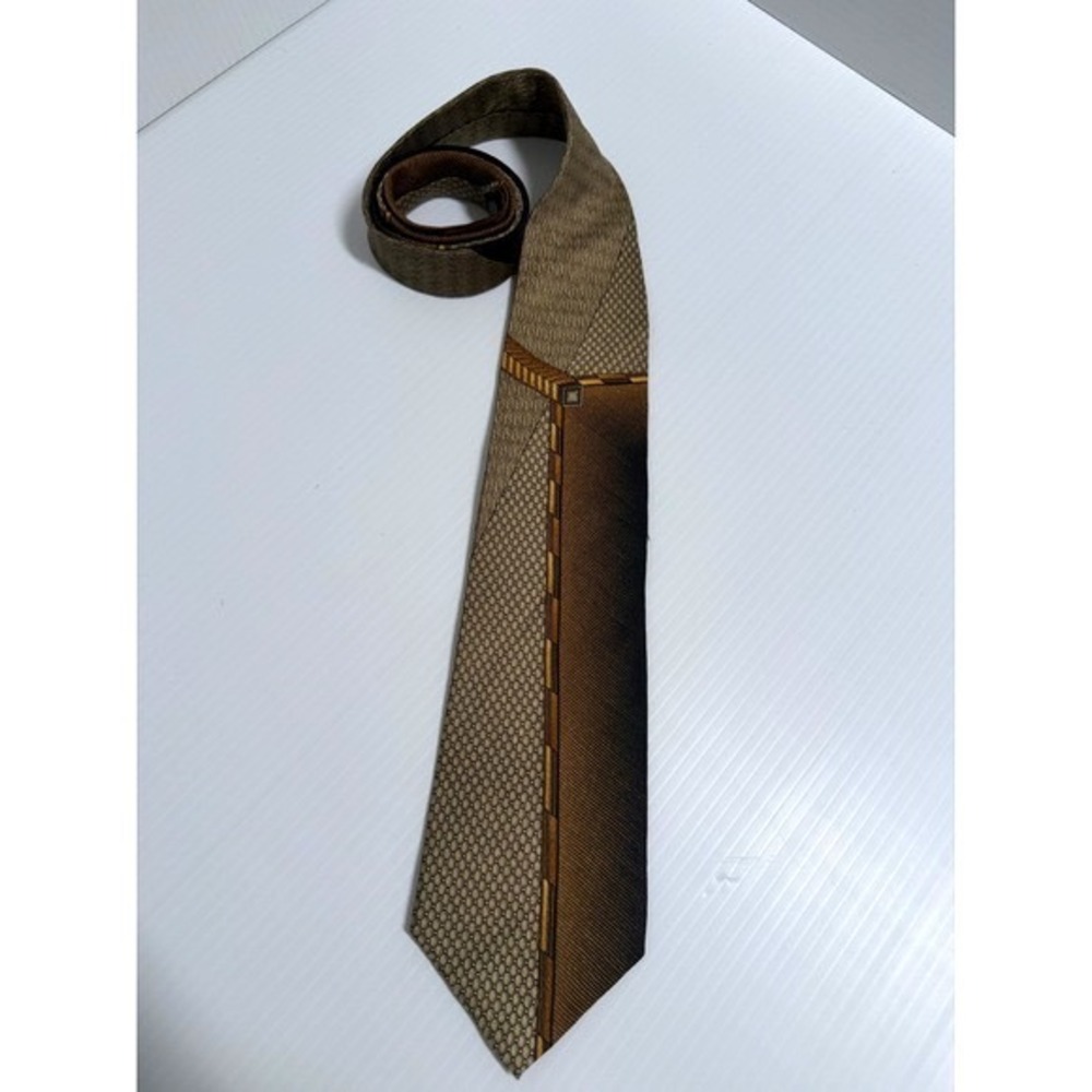 Jeffrey Banks Mens Silk Tie Gold Brown Black Geometric Abstract Textured Pattern